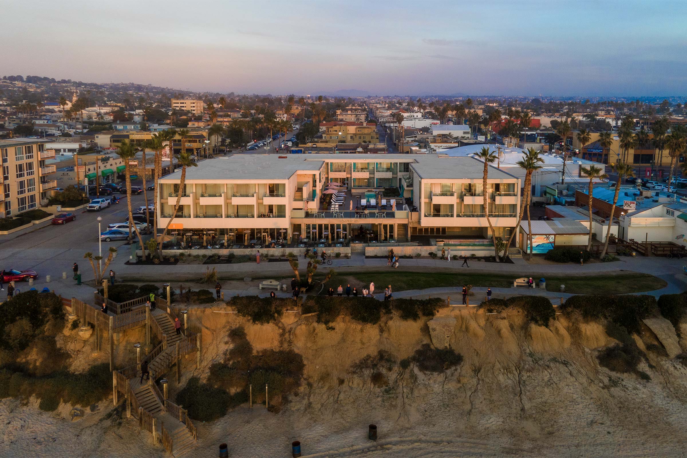 View of Tower23 from overhead with view of Pacific Beach in the background