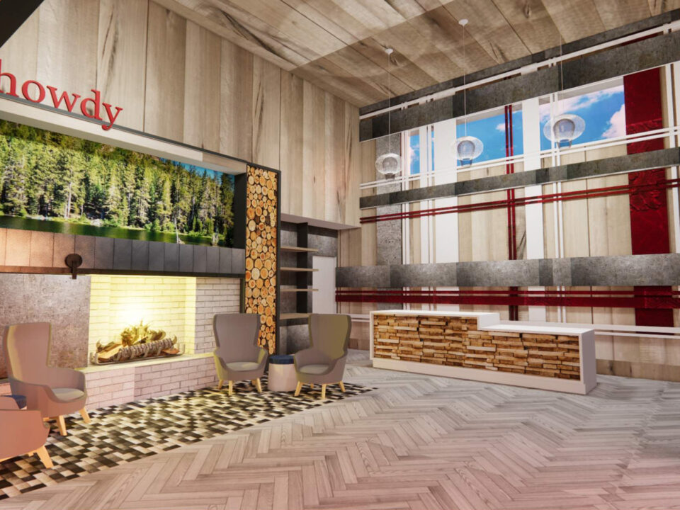 Rendering of the lobby of the Mackinaw Hoel with fireplace and stacked wood with red accents throughout.