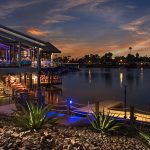 View of Decoy Dockside restaurant at night on Lake San Marcos