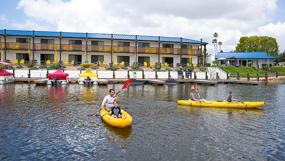 View of kayaks in front of Lakehouse Hotel and Resort